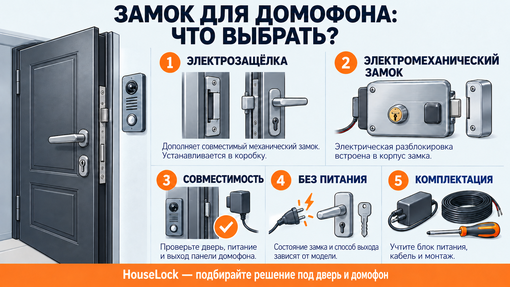 Инфографика о выборе замка для домофона Инфографика о выборе замка для домофона: электрозащелка и электромеханический замок