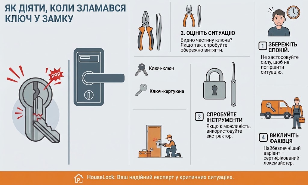 Інфографіка про те, що робити, якщо зламався ключ у замку Інфографіка про те, які дії робити, якщо зламався ключ у замку